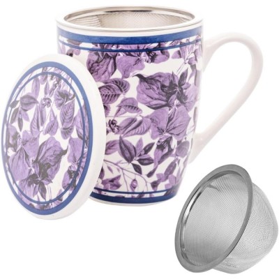 Caneca De Porcelana Branco/roxo 310Ml C/tampa E Infusor Lyor UNICA